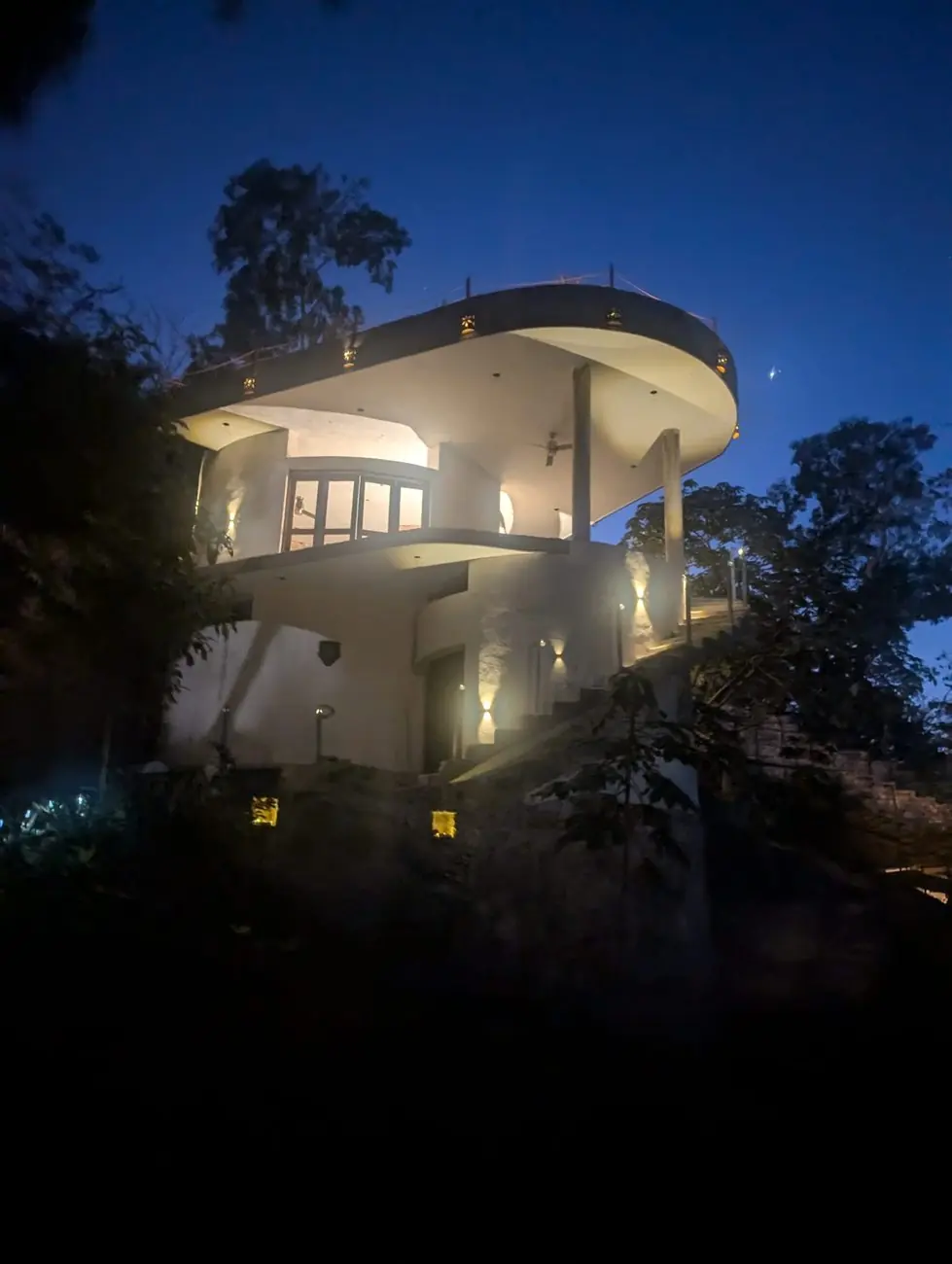 The completed Sayulita eco-home illuminated at night