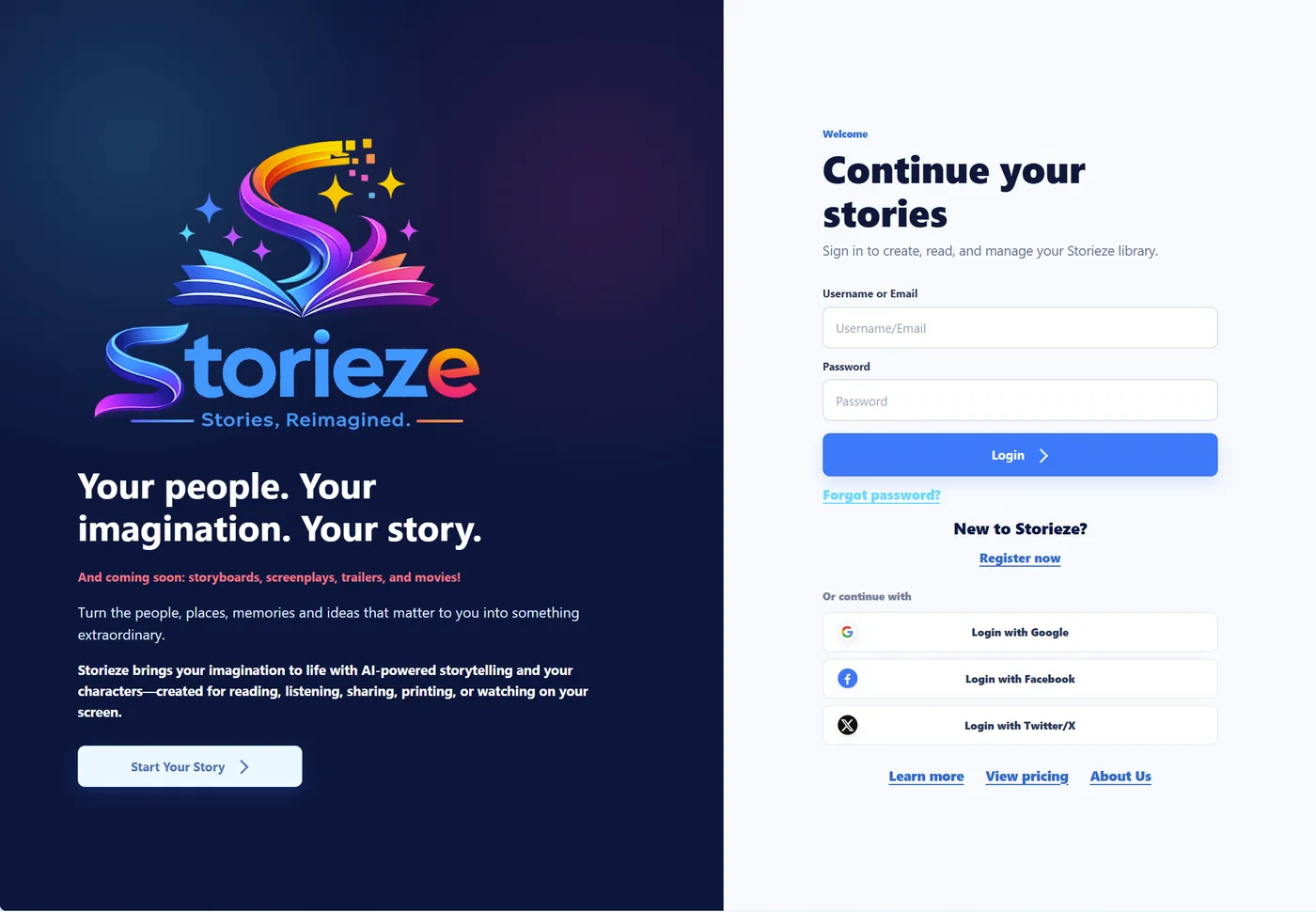 The Storieze sign-in screen: Your people. Your imagination. Your story.