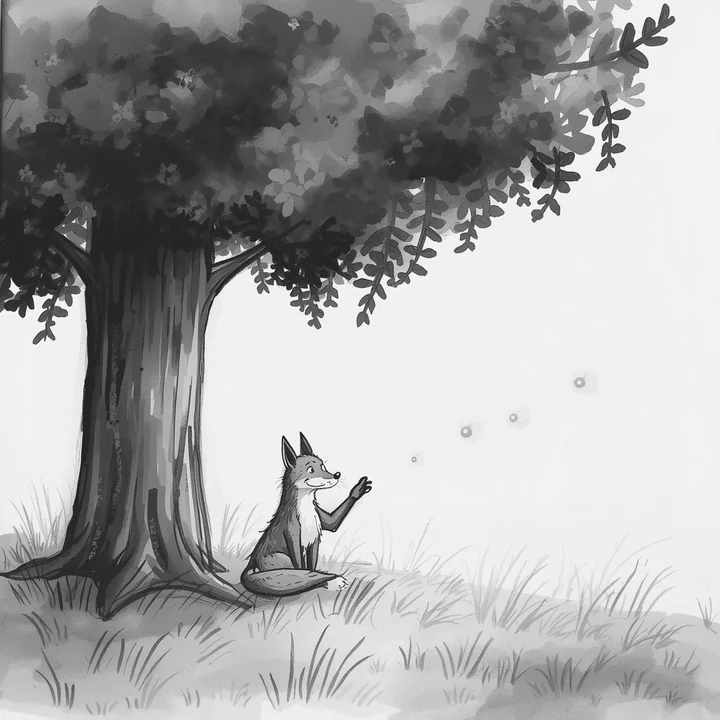 Fox beneath a tree in a charcoal illustration
