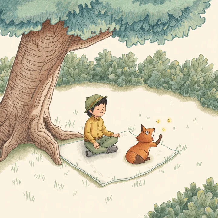 Child and fox illustrated in colored pencil