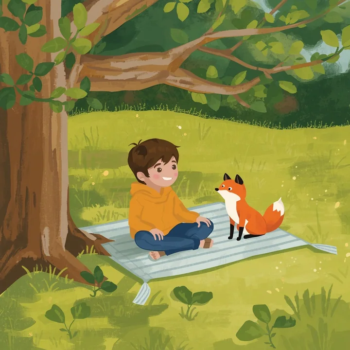 Child and fox in a bright gouache painting