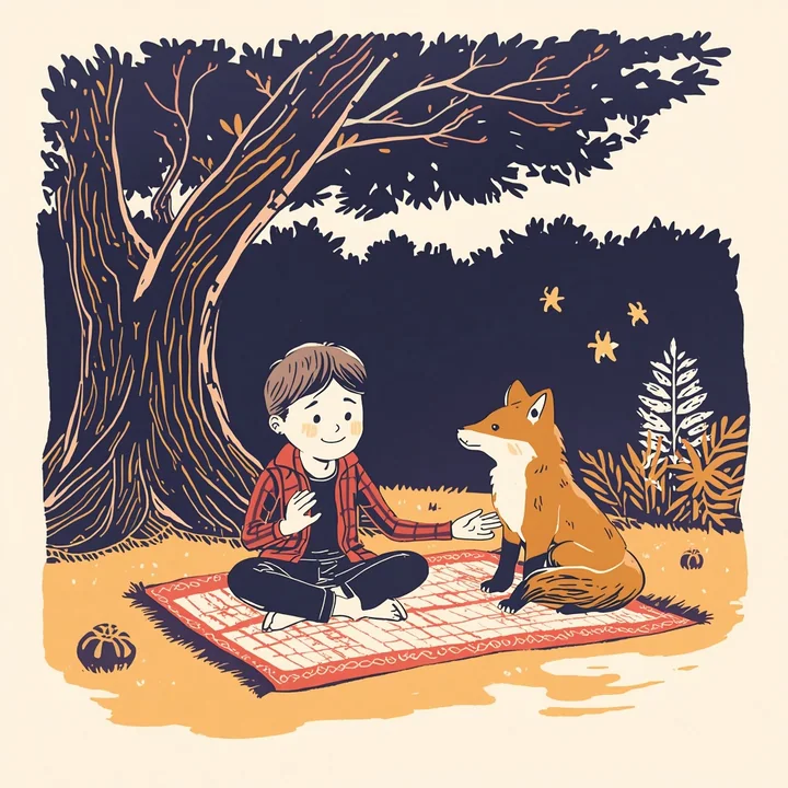 Child and fox rendered as a linocut print