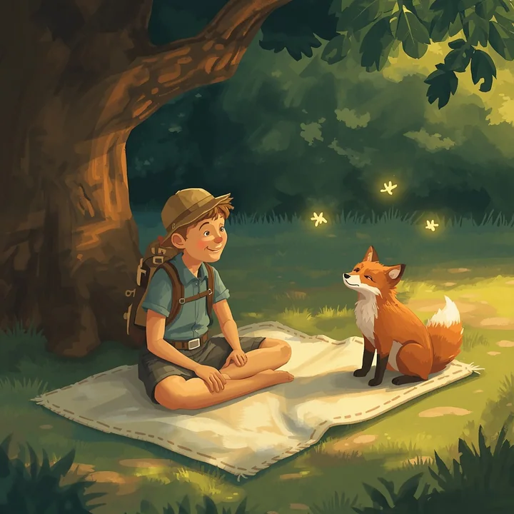 Child and fox in a richly lit oil painting