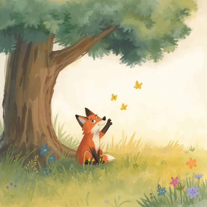 Fox watching butterflies in a pastel drawing