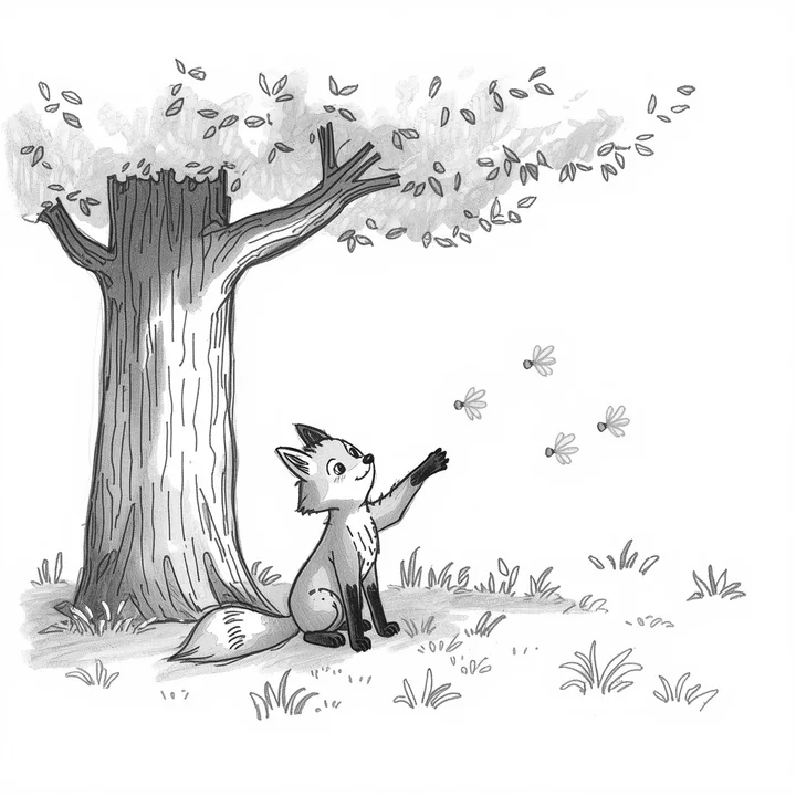 Fox watching butterflies in a pencil sketch